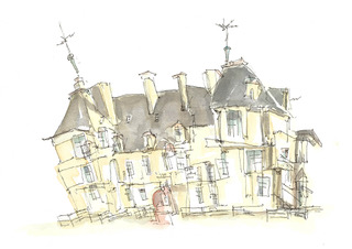 Kasteel vierkant, inkt en aquarel, serie Movement