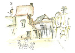 Binnenplaats en stoeltjes, inkt en aquarel, serie Movement