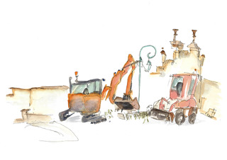 Kranen, inkt en aquarel, serie Movement