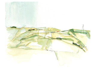 Landschap groen, inkt en aquarel, serie Nature