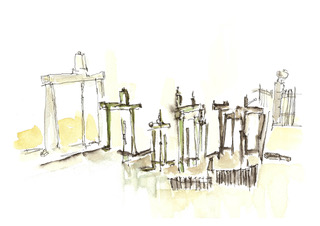 Sluis met hek, inkt en aquarel, serie Silence
